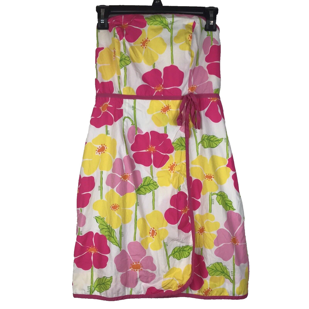 Lilly Pulitzer Strapless Mini Dress Floral Motif Boning Pink Yellow Green Size 2